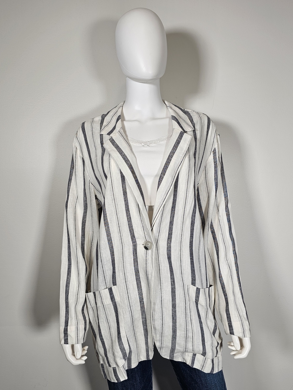 Gentle Fawn Off White and Dark Grey Striped Button Closure Summer Blazer Sz S